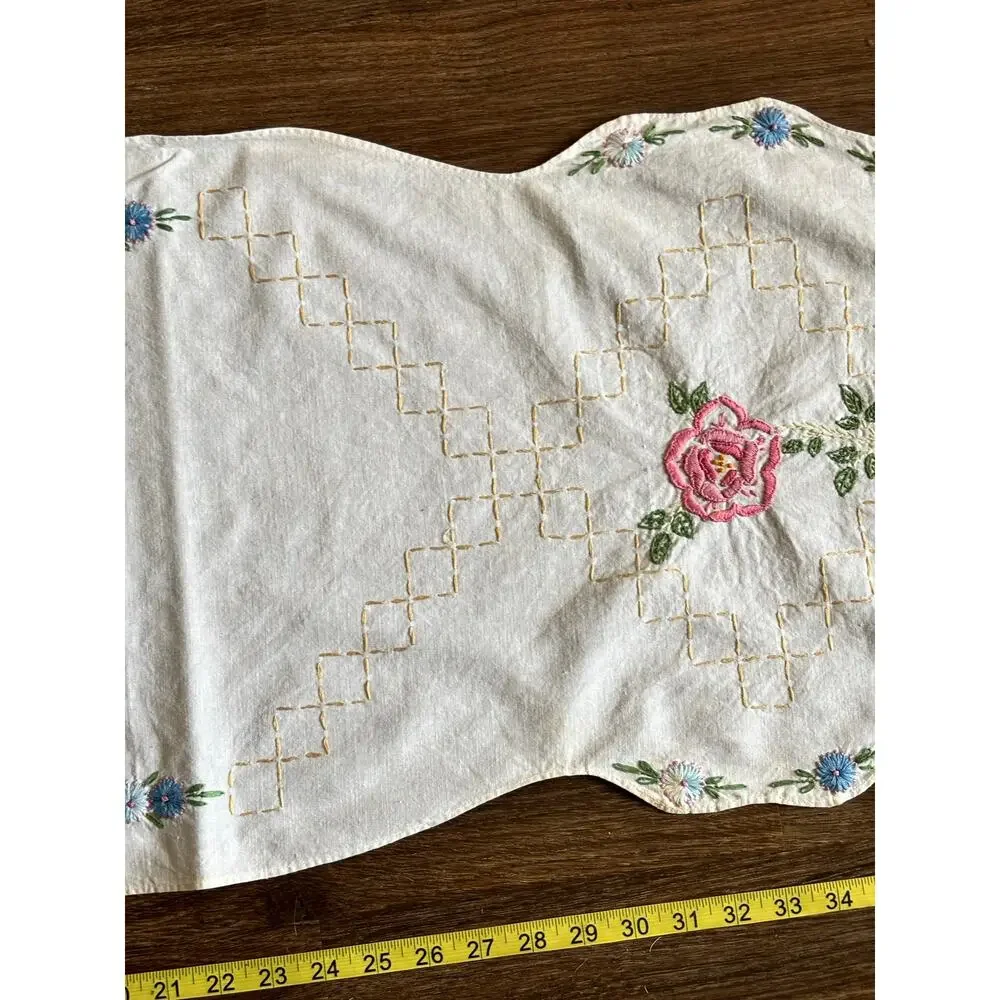 Antique Floral Embroidery Table Runner 16x39 White Cotton Rainbow Boho Scalloped